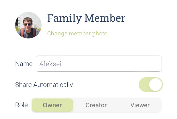 Family roles in the Family Album application