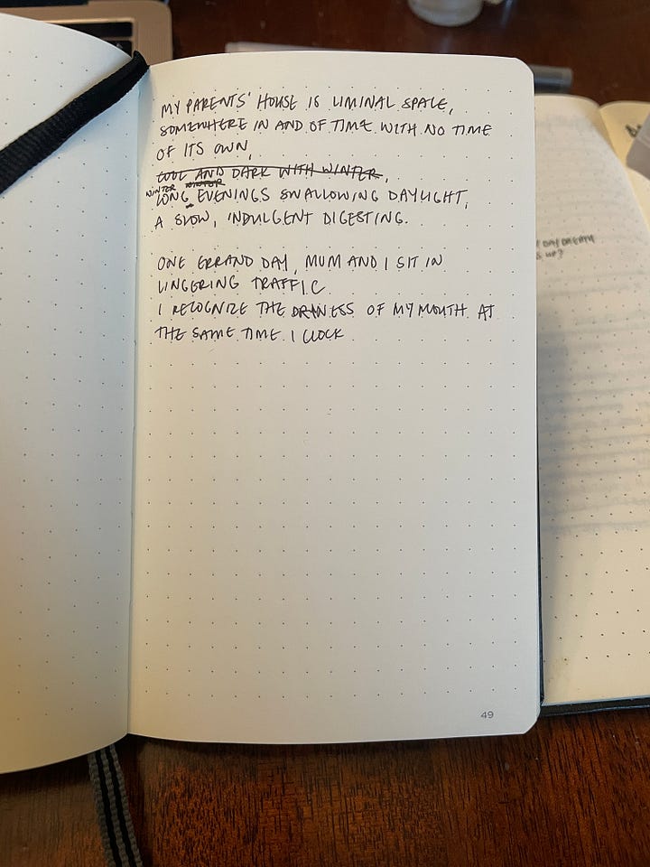 The first image is a screenshot of an iPhone Notes app note, titled "ideas random", with items like "that noise that sounds like the soft snip of cutting hair or something that i only ever hear out in the suburbs". The second image is a picture of a small, dotted notebook page, that reads "my parents' house is liminal space, somewhere in and of time with no time of its own, winterlong evenings swallowing daylight, a slow, indulgent digesting." There's some crossed out lines and words, and an unfinished thought.