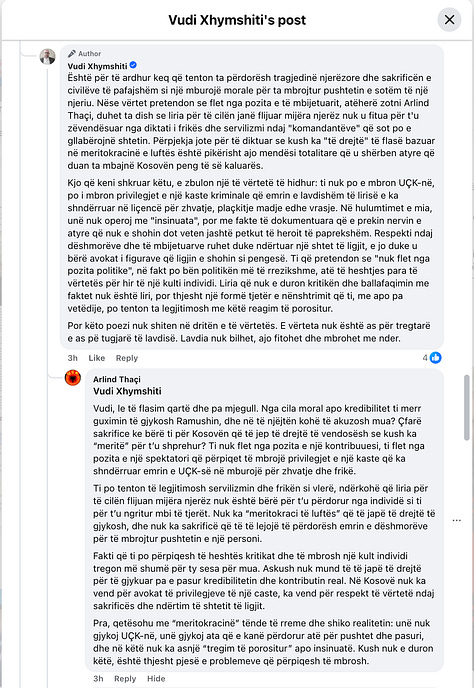 Pamjet dokumentuese të komenteve të shkëmbyera me profilin "Arlind Thaçi".