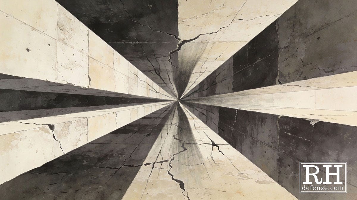 Abstract image of large concrete planes converging toward a central point, marked by cracks and stress fractures that intensify as the surfaces compress inward.