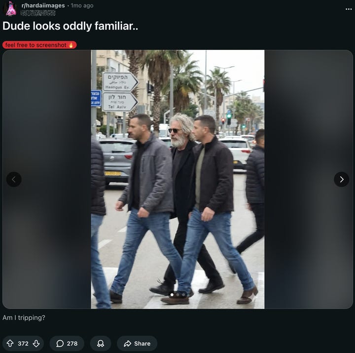 A Reddit post on Feb. 1, made to a subforum where users trade comical AI-generated images for amusement, contains fake images depicting a man that resembled Jeffrey Epstein walking in the street, surrounded by apparent bodyguards. Street signs and storefronts shown in the images displayed Hebrew-language text. A Reddit post on Feb. 1, made to a subforum where users trade comical AI-generated images for amusement, contains fake images depicting a man that resembled Jeffrey Epstein walking in the street, surrounded by apparent bodyguards. Street signs and storefronts shown in the images displayed Hebrew-language text.
