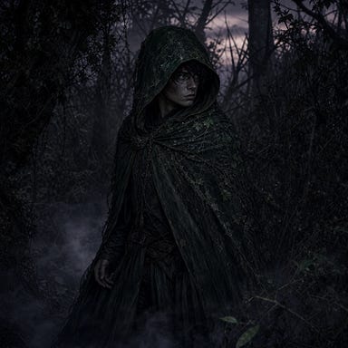 Cloaked and hooded Alexi standing in a Barovian forest thicket at dusk; deep green cloak mottled with leaf and shadow; hood obscuring most of his pale anxious face; eyes darting toward unseen watchers; mist curling around his boots; atmosphere tense, secretive, and Gothic; original face with no resemblance to real people