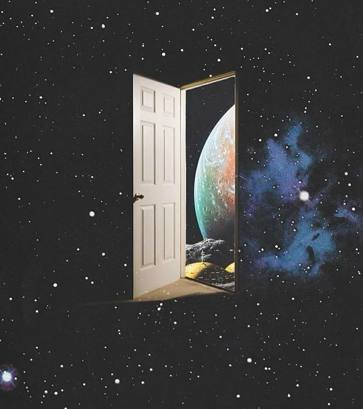 This may contain: an open door to another world in the sky with stars and planets around it, as seen from space
