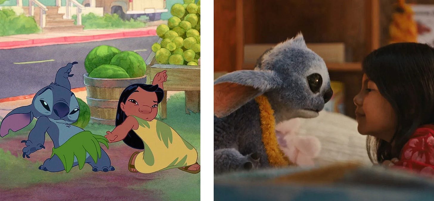Left: A screen cap from the 2D animated movie, "Lilo and Stitch" with Stitch and Lilo dancing Elvis-style in Hawaiian dress. Right: Screencap from the live-action "Lilo and Stitch" movie with a photorealistic animated Stitch sitting on a bed across from the actress playing Lilo.