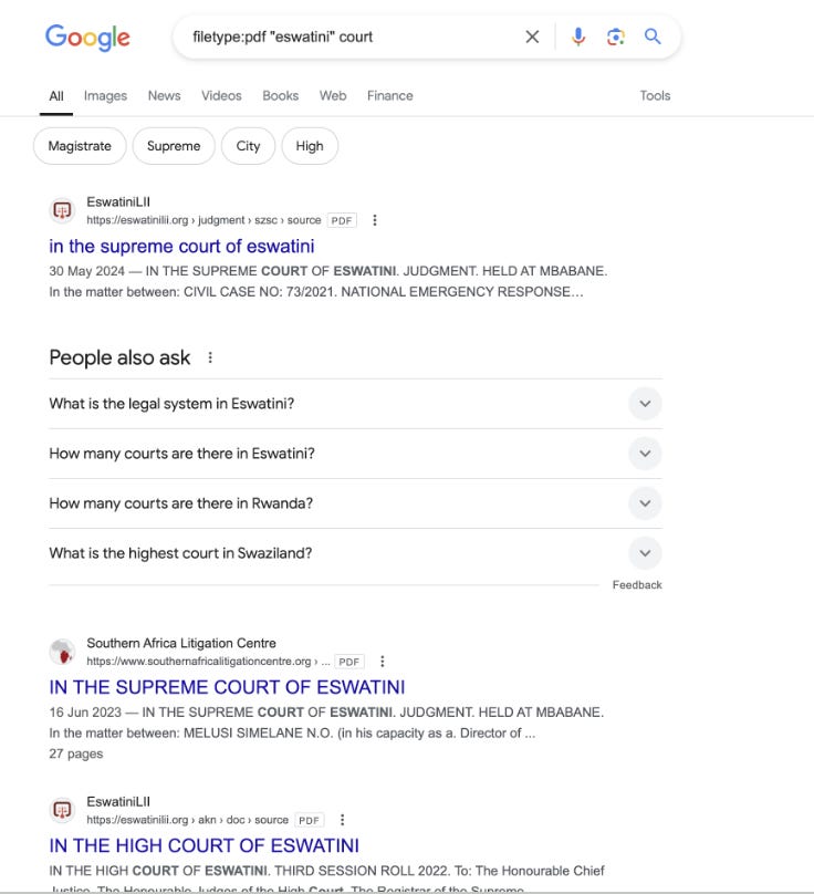 Google search for Eswatini, and court, Image: Screenshot, courtesy of CCIJ