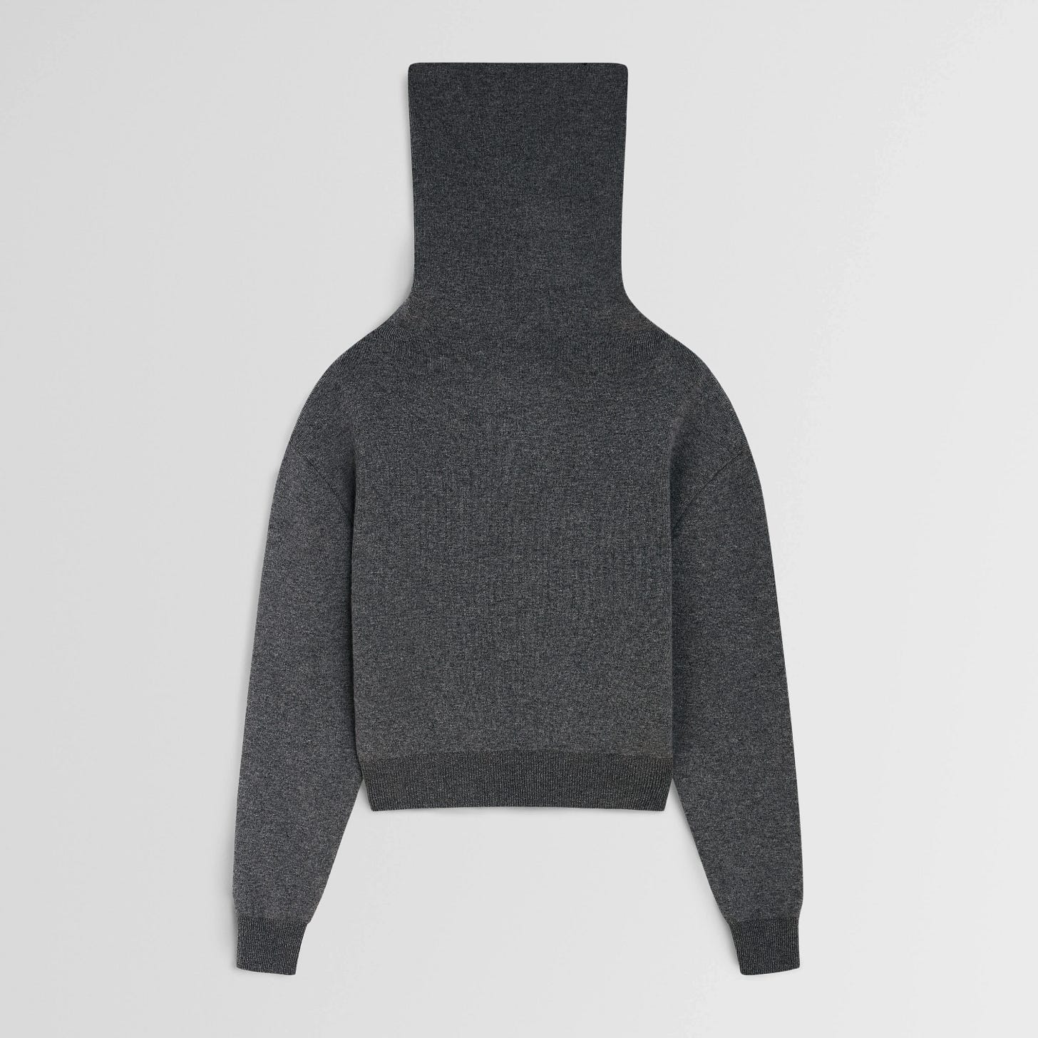 Flat lay front view of funnel neck jumper in melange grey.