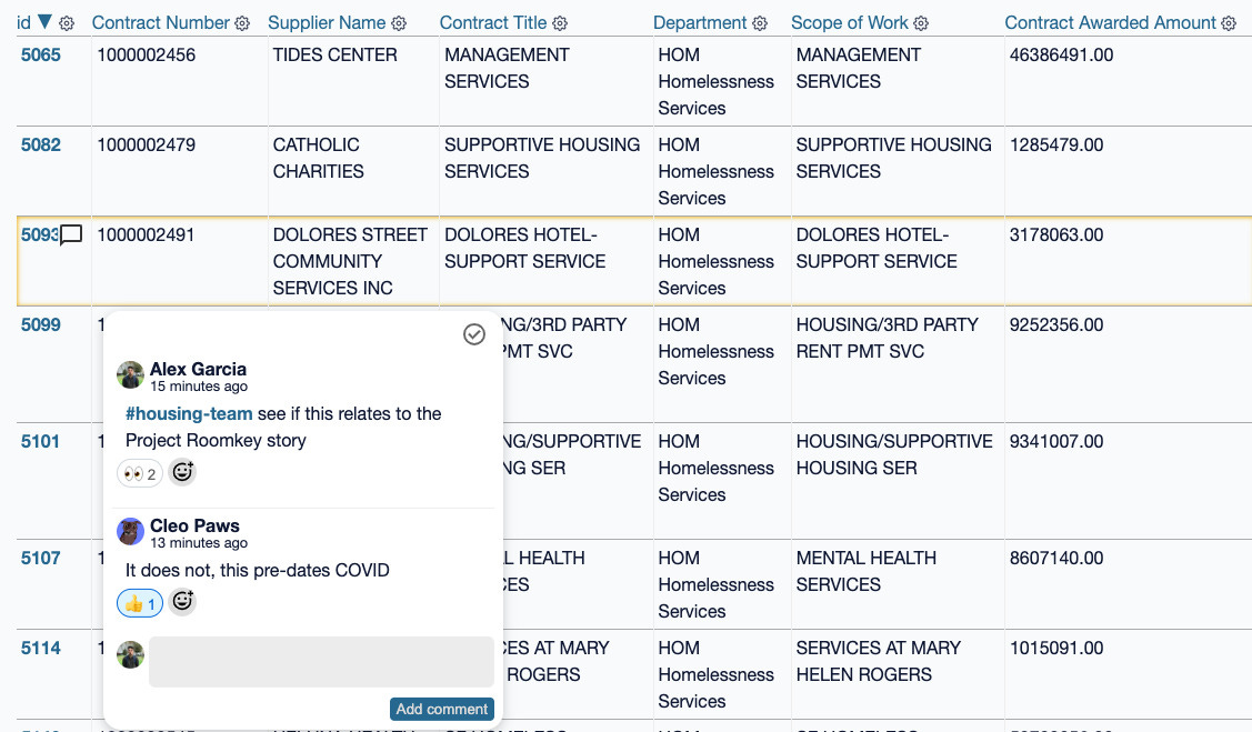Screenshot of a table in Datasette - a comment thread by Alex Garcia and Cleo Paws has been attached to one of the rows