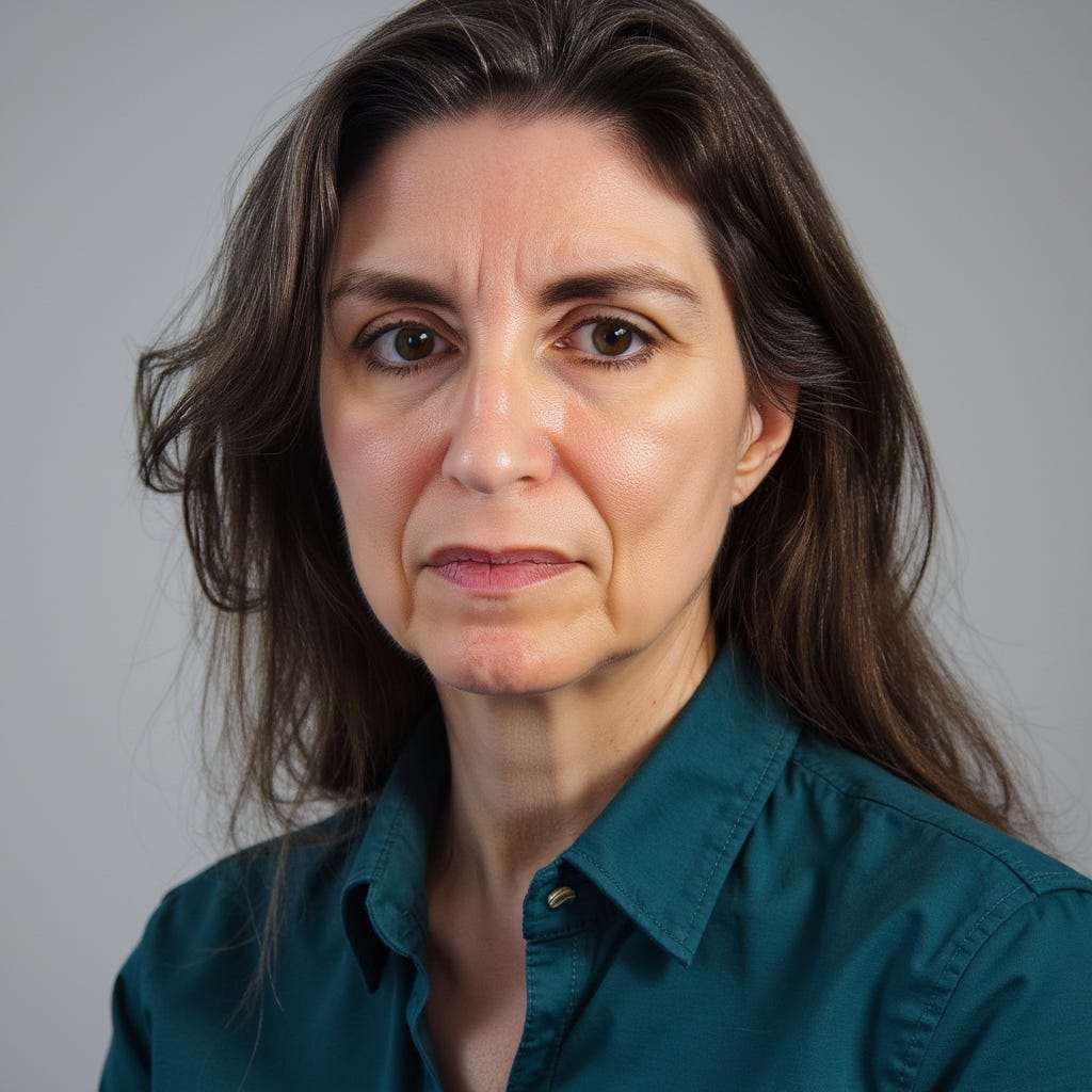 A waist-up portrait, wearing a teal shirt. Her eyes are accentuated with dark blue eyeshadow, sharply defined black winged eyeliner, and voluminous curled lashes, complemented by sculpted brows. Her lips are painted in a maroon shade. She has a light foundation on.