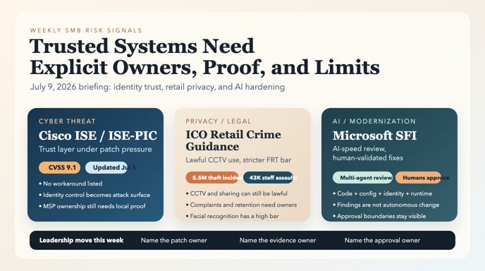 Infographic-style editorial dashboard with three grouped panels covering Cisco ISE trust risk, lawful retail-crime privacy controls, and AI-speed cloud hardening with human validation. Infographic-style editorial dashboard with three grouped panels covering Cisco ISE trust risk, lawful retail-crime privacy controls, and AI-speed cloud hardening with human validation.