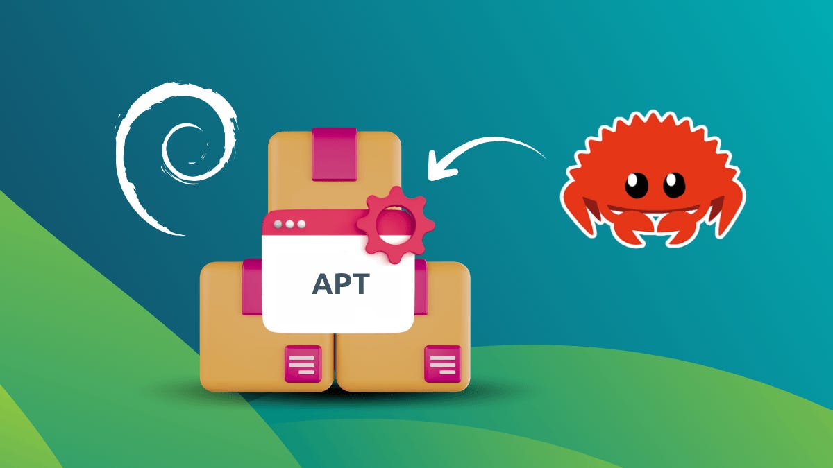 Image courtesy of ItsFos: Rust mascot Ferris with the Debian logo.