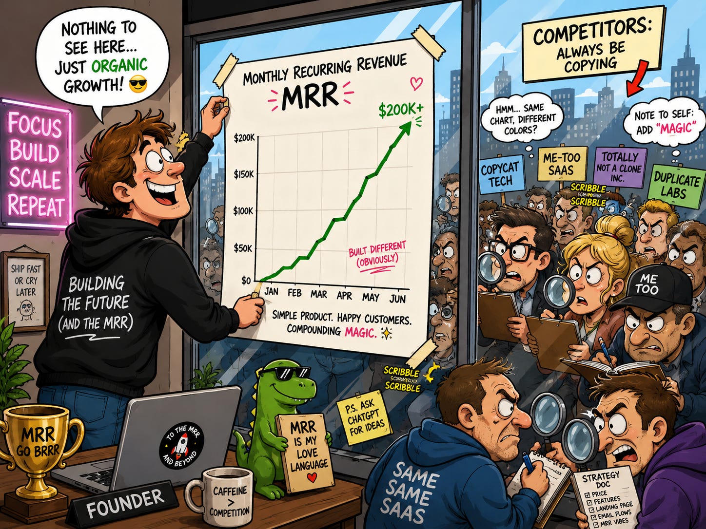 Cartoon founder displays an MRR growth chart while competitors outside the window frantically copy the strategy.