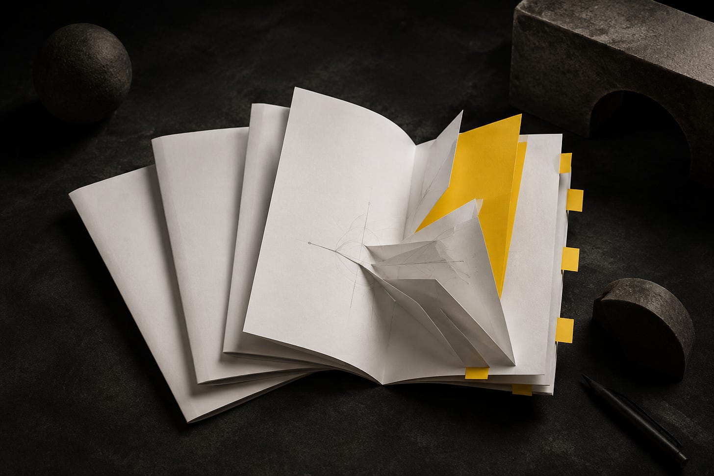 White case booklets with yellow tabs and a folded yellow divider on a dark table. White case booklets with yellow tabs and a folded yellow divider on a dark table.