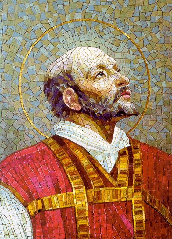 This may contain: a painting of a man with a cross on his shoulder and wearing a red vest