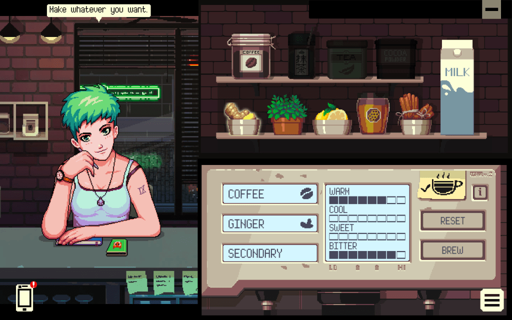 Coffee Talk pixel art café scene with a warm drink and conversation, a narrative-driven entry among cosy games for adults.