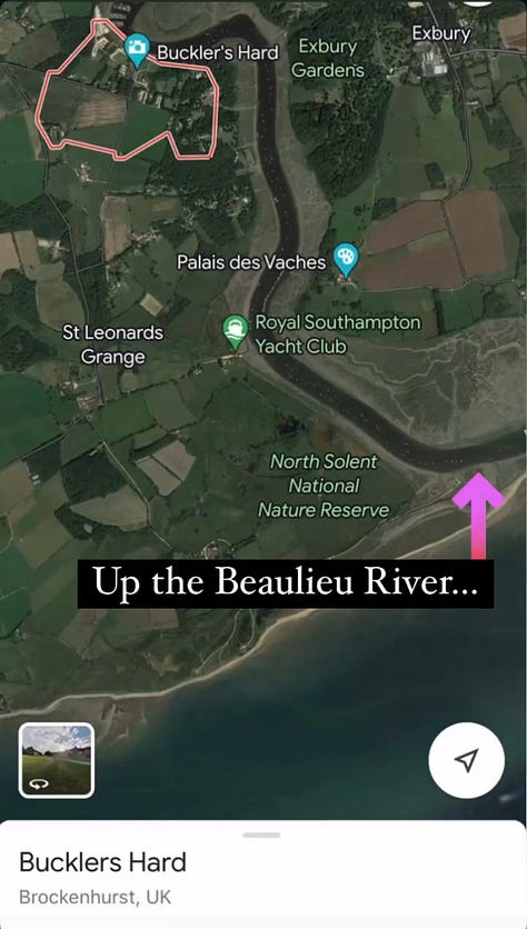 Maps showing the location of Buckler's Hard on the southern coast of the UK. It is near the Isle of Wight, just up the Beaulieu River.