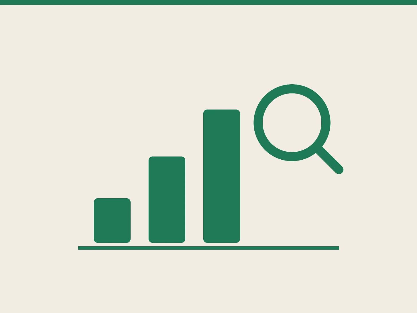 A bar chart with three rising bars and a magnifying glass