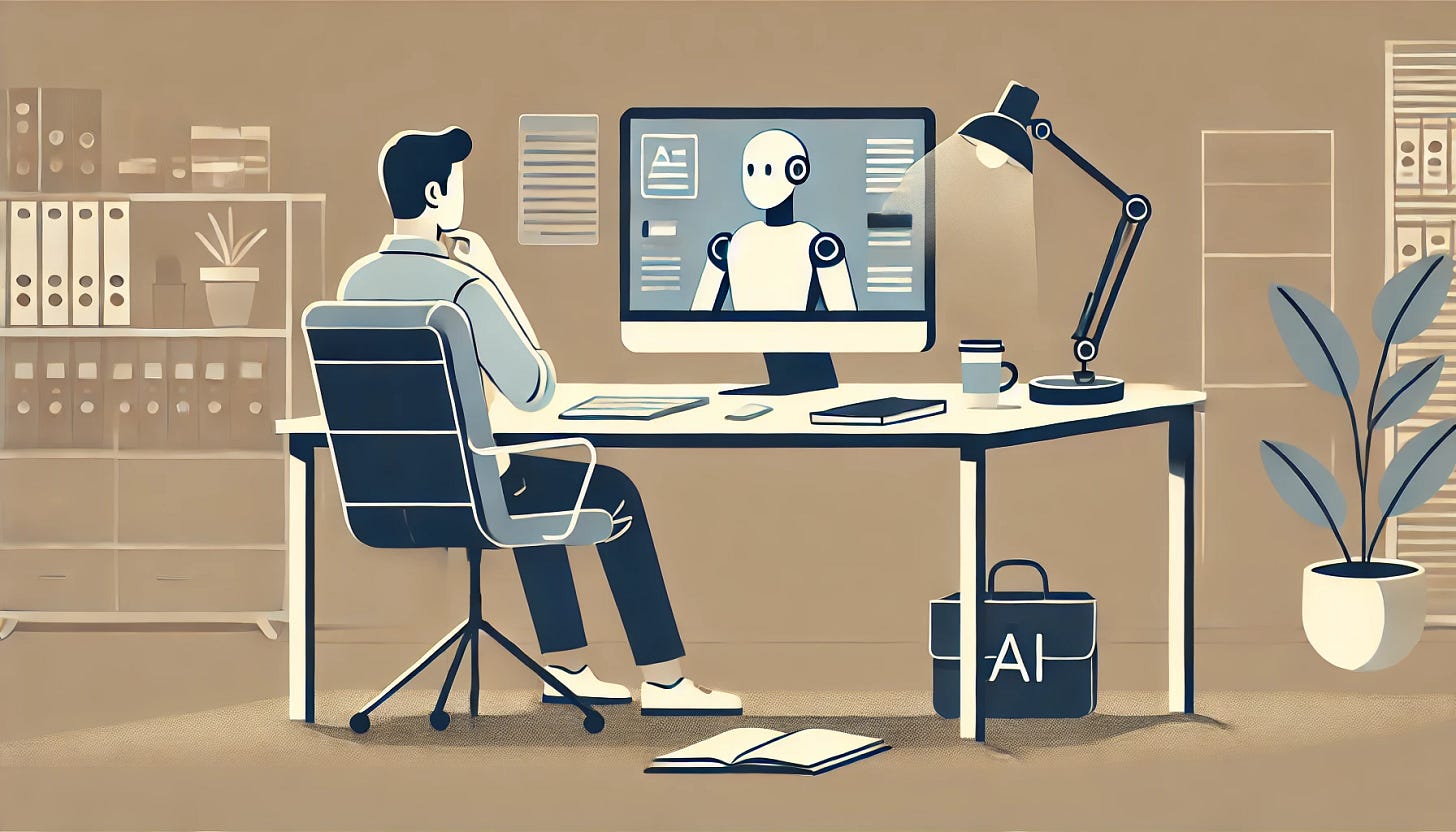 A minimalist vector illustration of an office setting. On the desk, there is a computer and a notebook, with the screen showing an AI tool's interface. The desk is clean and organized, with a cup of coffee nearby. A person sits at the desk, relaxed but focused, holding either a pen or typing on the keyboard, engaged in a collaborative task with AI. The lighting is soft and warm, creating a comfortable and professional atmosphere. The design should use simple lines and blocks of color, with muted tones of grey and blue to reflect a calm and productive work environment.