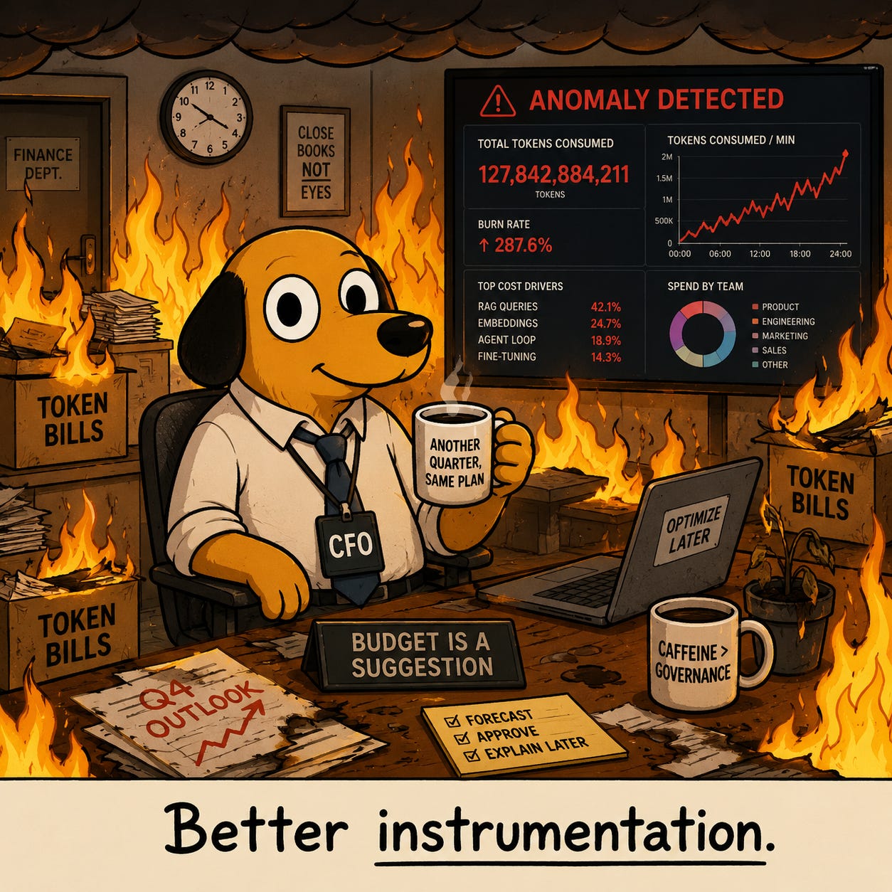 CFO dog calmly drinks coffee as token bills burn around him.