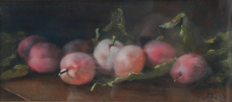 'Stilleven met perziken' - pastel: Adri Bleuland van Oordt (kavel 63, Vendu Rotterdam)
