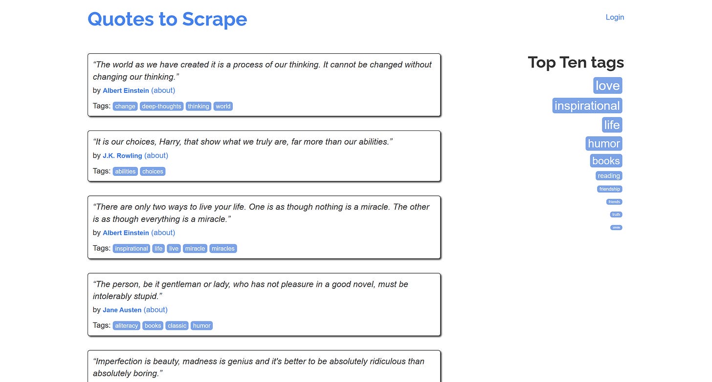 The “Quotes to Scrape” home page The “Quotes to Scrape” home page