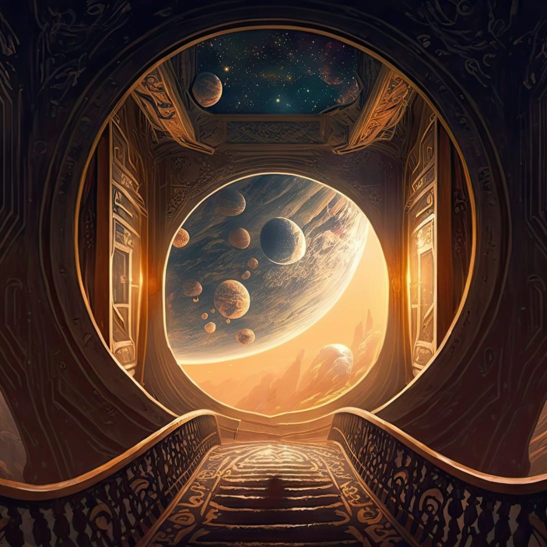 A surreal scene showing a person at the top of a grand staircase looking through a large circular doorway into a universe of orbiting planets and stars, symbolising entry into a vast, multidimensional reality.