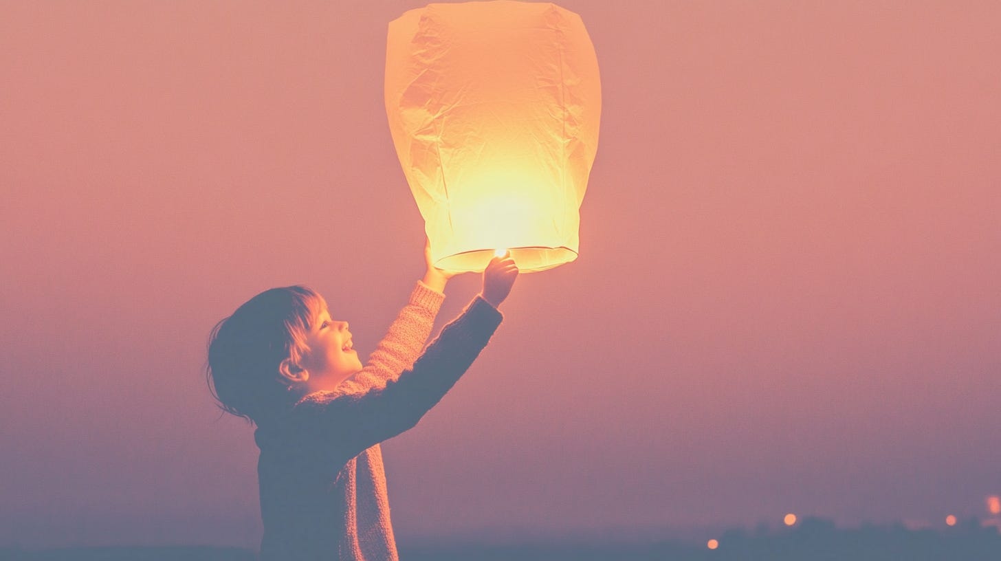 A young child releasing a glowing lantern into the night sky, their face illuminated with a hopeful glow --ar 16:9 --profile tynkygs --v 6.1 A young child releasing a glowing lantern into the night sky, their face illuminated with a hopeful glow --ar 16:9 --profile tynkygs --v 6.1