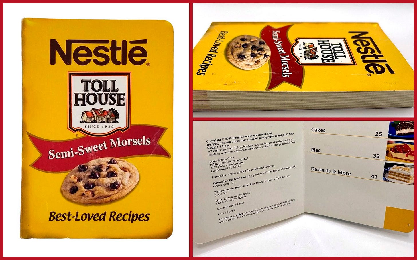 Collage showing a vintage Nestlé Toll House cookbook board book, including its thick board-book pages and interior. Collage showing a vintage Nestlé Toll House cookbook board book, including its thick board-book pages and interior.