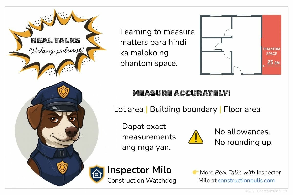Inspector Milo mascot wearing navy police uniform with Construction Pulis shield badge, Real Talks logo with "Walang palusot" tagline, floor plan showing phantom space in red (25 sqm), text reads "Measure accurately: Lot area, Building boundary, Floor area - dapat exact measurements", warning symbol with "No allowances, No rounding up"