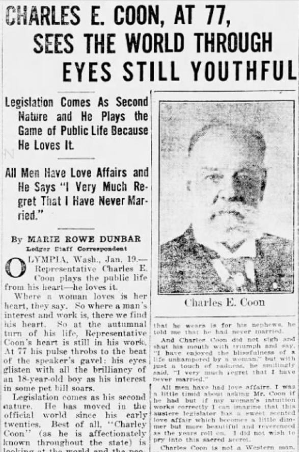 Black-and-white newspaper clipping from the Tacoma Daily Ledger dated January 19, 1919. The headline reads “CHARLES E. COON, AT 77, SEES THE WORLD THROUGH EYES STILL YOUTHFUL.” The article includes a small portrait of Charles E. Coon and a subheading about his regret that he never married.