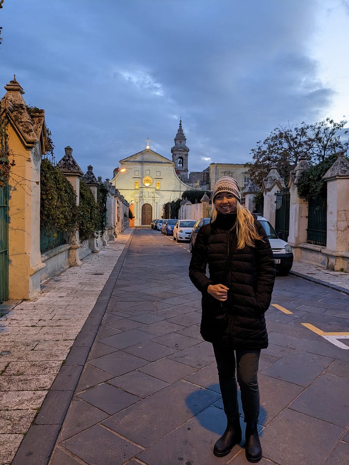 Author in front of a cathedral, and another cathedral by night