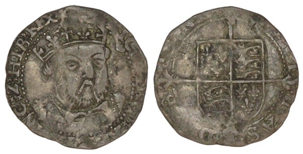 Edward VI (Henry VIII posthumous) debased silver Sixpence of Dublin, Ireland. Large local bust of