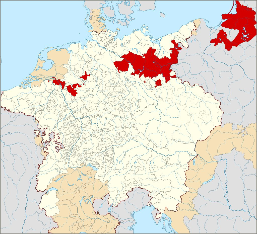 Brandenburg - Prussia with Brandenburg inside the Holy Roman Empire and Prussia outside it, taken from https://en.wikipedia.org/wiki/Brandenburg%E2%80%93Prussia#/media/File:Locator_Brandenburg-Prussia_within_the_Holy_Roman_Empire_(1618).svg