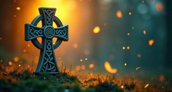 A Celtic cross symbolizing Irish heritage with a circular knotwork design, glowing softly in a yellow and gray background, evoking festive and cultural spirit.