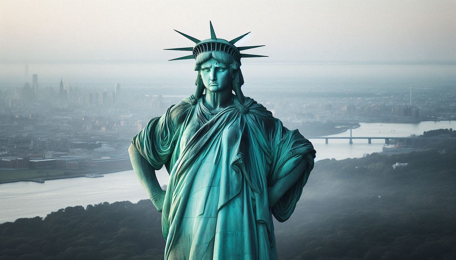 AI generated image of The Statue Of Liberty with her hands on her hips and a disgusted experession.