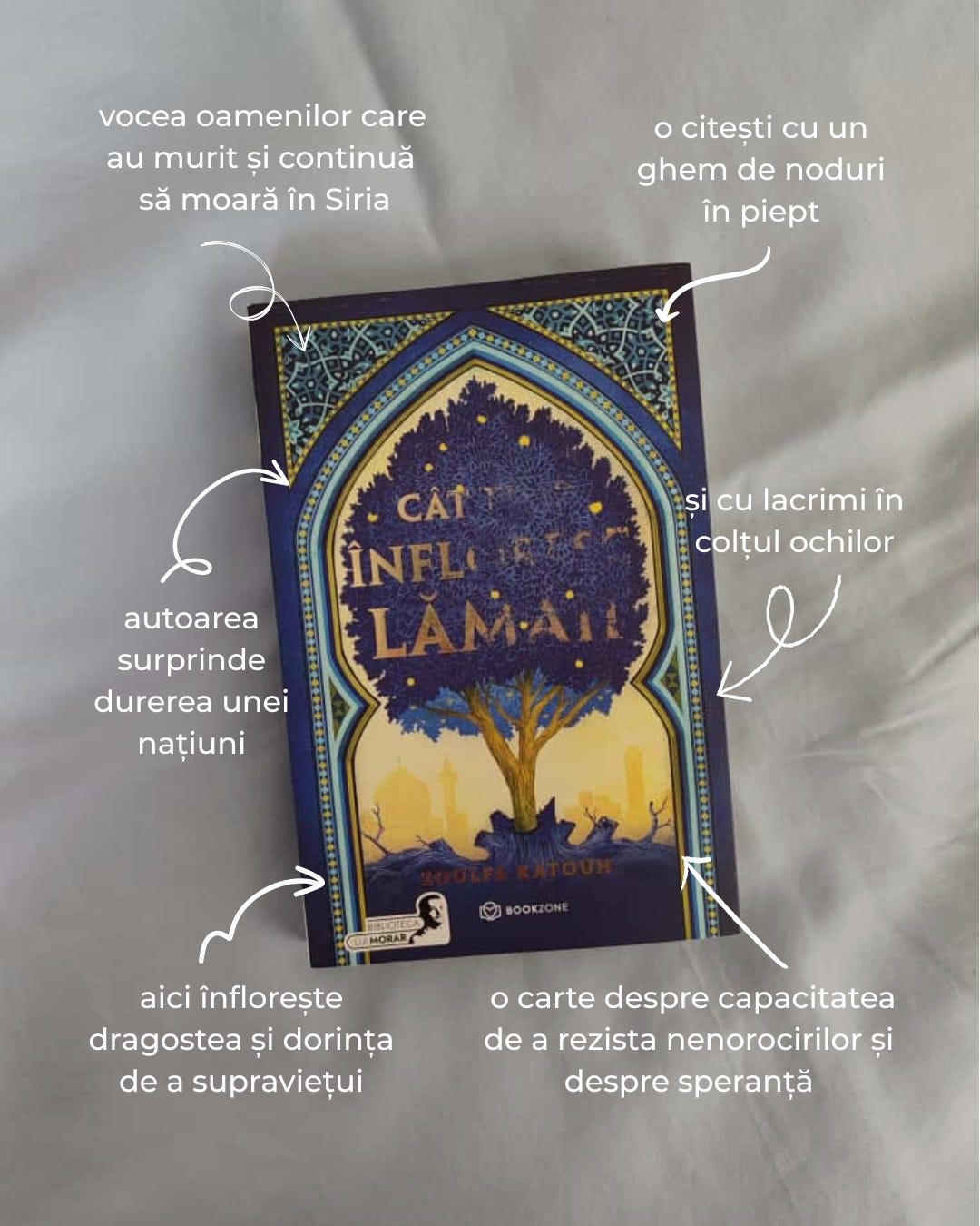 Ar putea fi un desen cu carte şi text care spune „vocea oamenilor care au murit și continuă să moară în Siria o citești cu un ghem de noduri în piept CAT ÎNFL L și şiculacrimiîn cu lacrimi în colțul colțulochilor ochilor autoarea surprinde durerea unei națiuni LMORAR เ aici înflorește dragostea și dorința de a supraviețui o carte despre capacitatea de a rezista nenorocirilor și despre speranță”