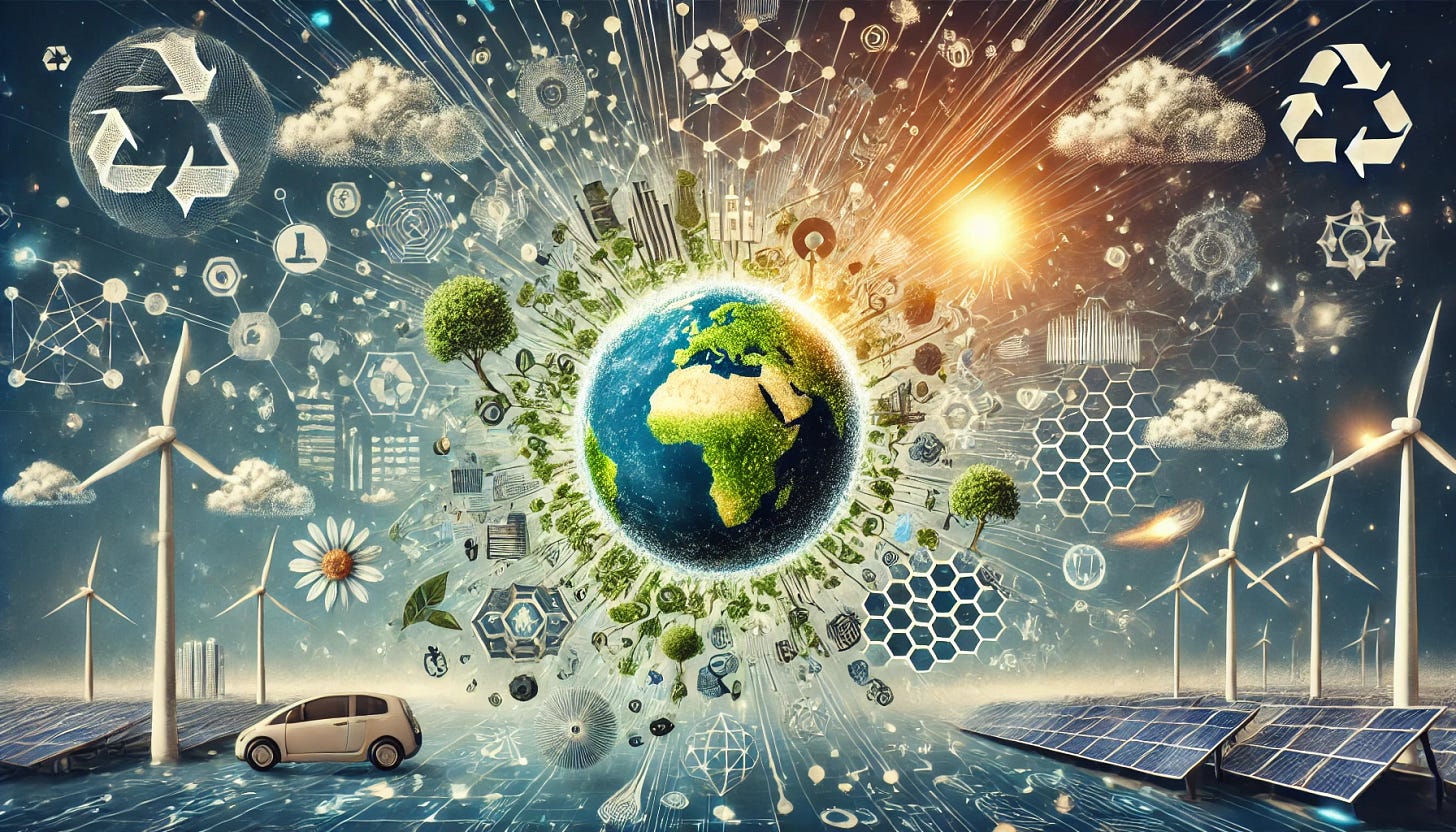 A visually engaging digital illustration depicting the intersection of generative AI and climate-tech opportunities. The image should feature AI elements like neural networks and digital patterns alongside green energy technologies such as wind turbines, solar panels, and electric vehicles, with Earth and nature at the center. The image should convey the potential of AI in transforming the climate-tech sector, with a futuristic, positive vibe reflecting a cleaner, greener future.
