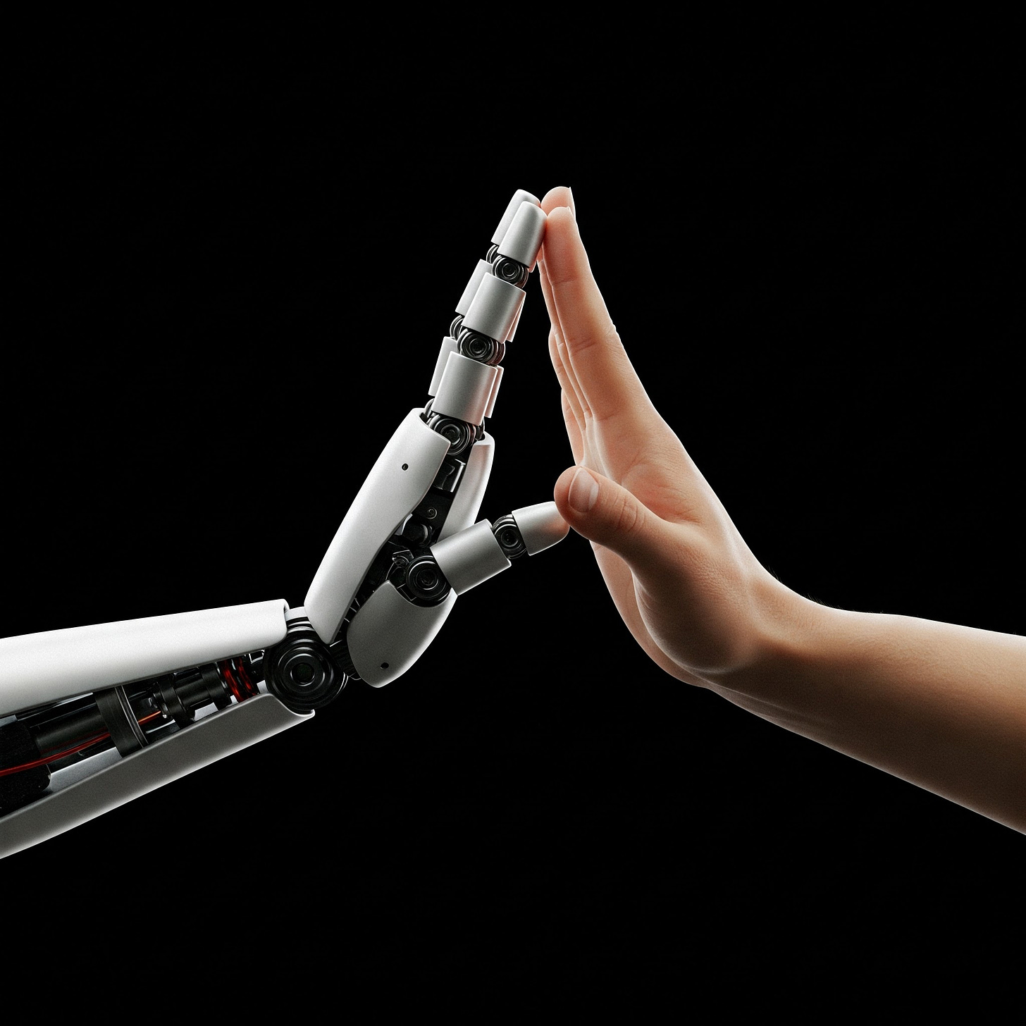 Ладонь робота касается ладони человека на чёрном фоне