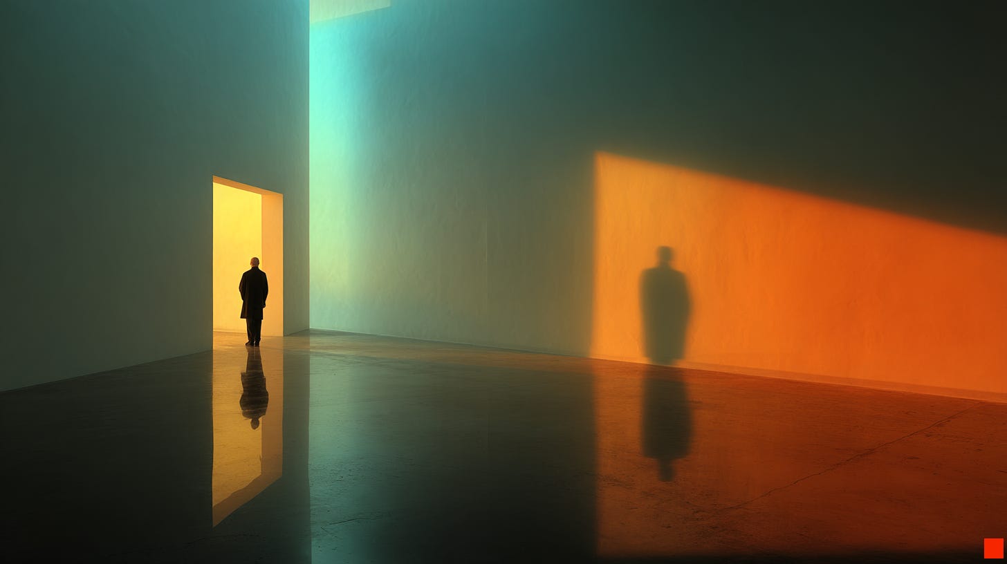 A solitary figure stands in a minimalist interior, framed by a tall doorway glowing with warm yellow light. The surrounding walls are washed in gradients of teal and amber, casting a long shadow across the polished floor. The scene feels quiet, suspended between movement and stillness, light and concealment.