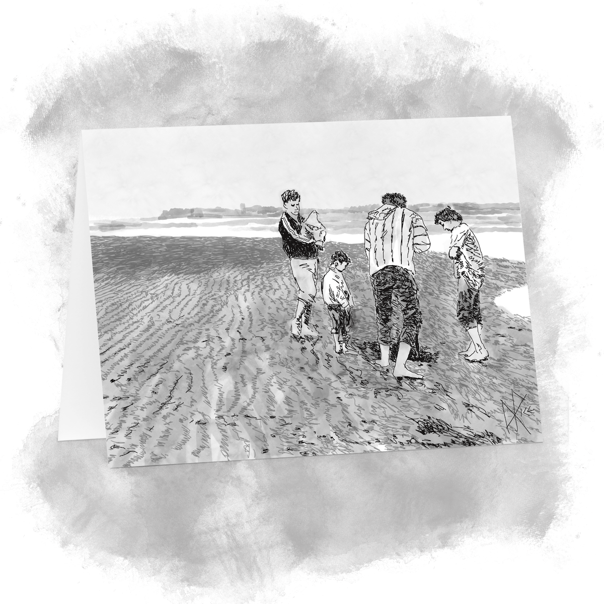 A family digs for clams on the beach. Sketch art by Don Rice.