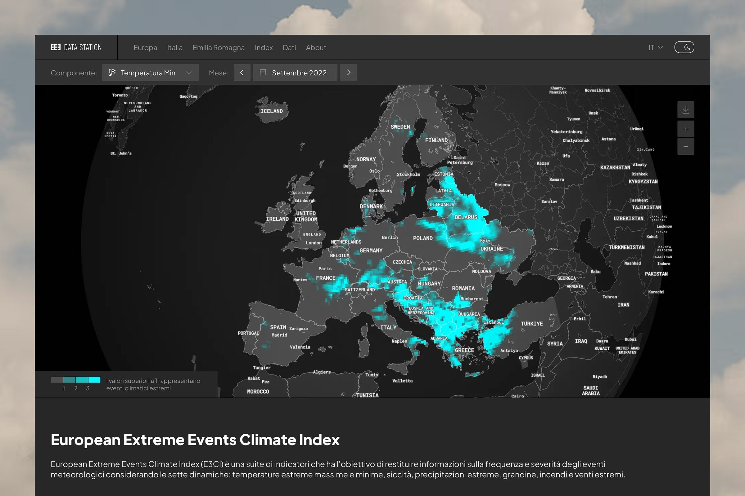 Homepage of the E3CI (European Extreme Events Climate Index) platform developed by Upclose, showcasing accessible and explorable climate data visualizations for European countries.