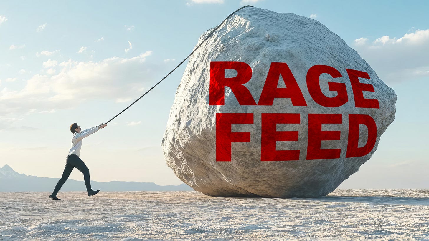 man pulling on rock that is labeled 'Rage Feed' man pulling on rock that is labeled 'Rage Feed'