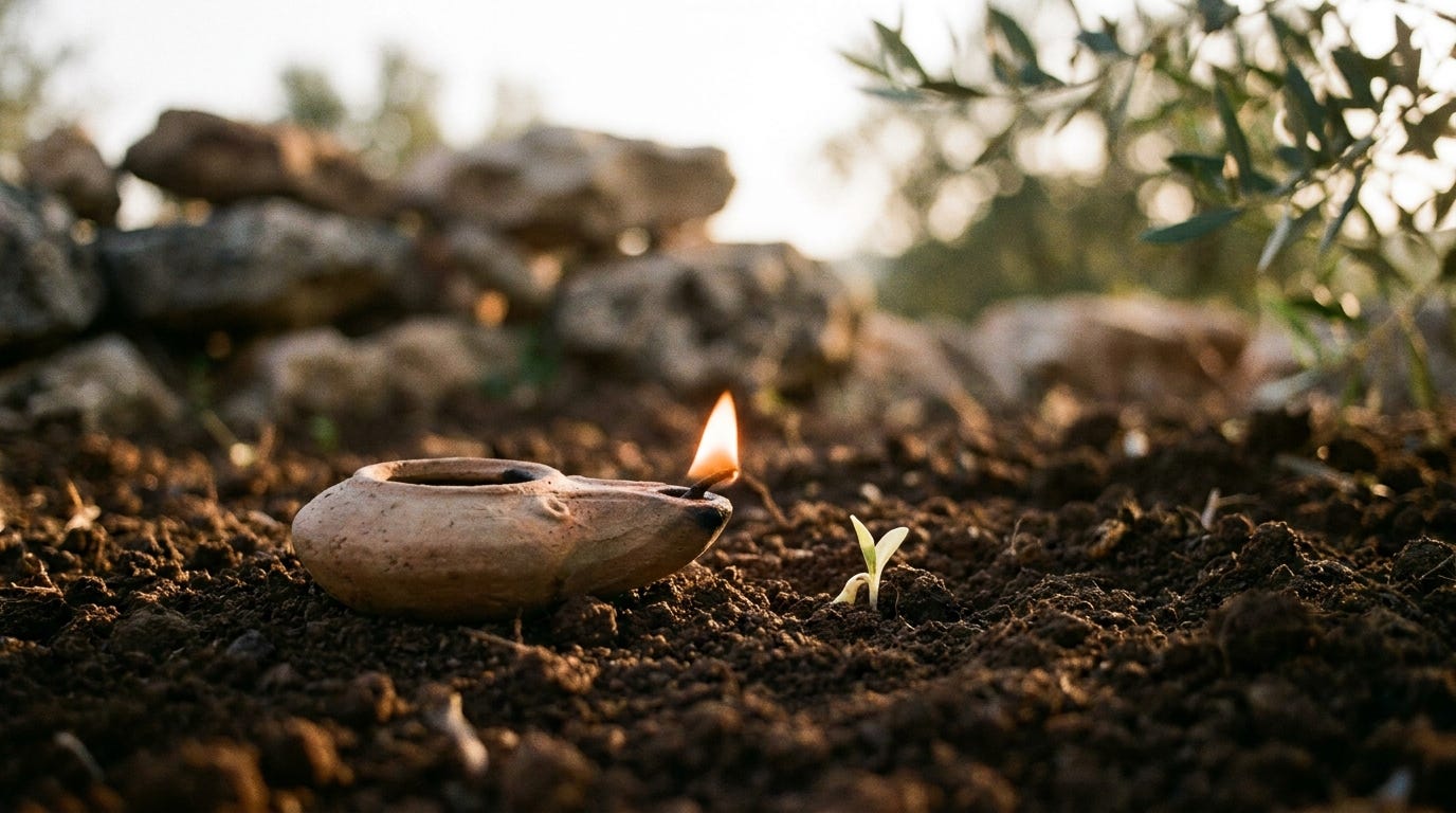 A clay oil lamp with a lit flame resting on tilled earth beside a young green seedling in warm dawn light A clay oil lamp with a lit flame resting on tilled earth beside a young green seedling in warm dawn light