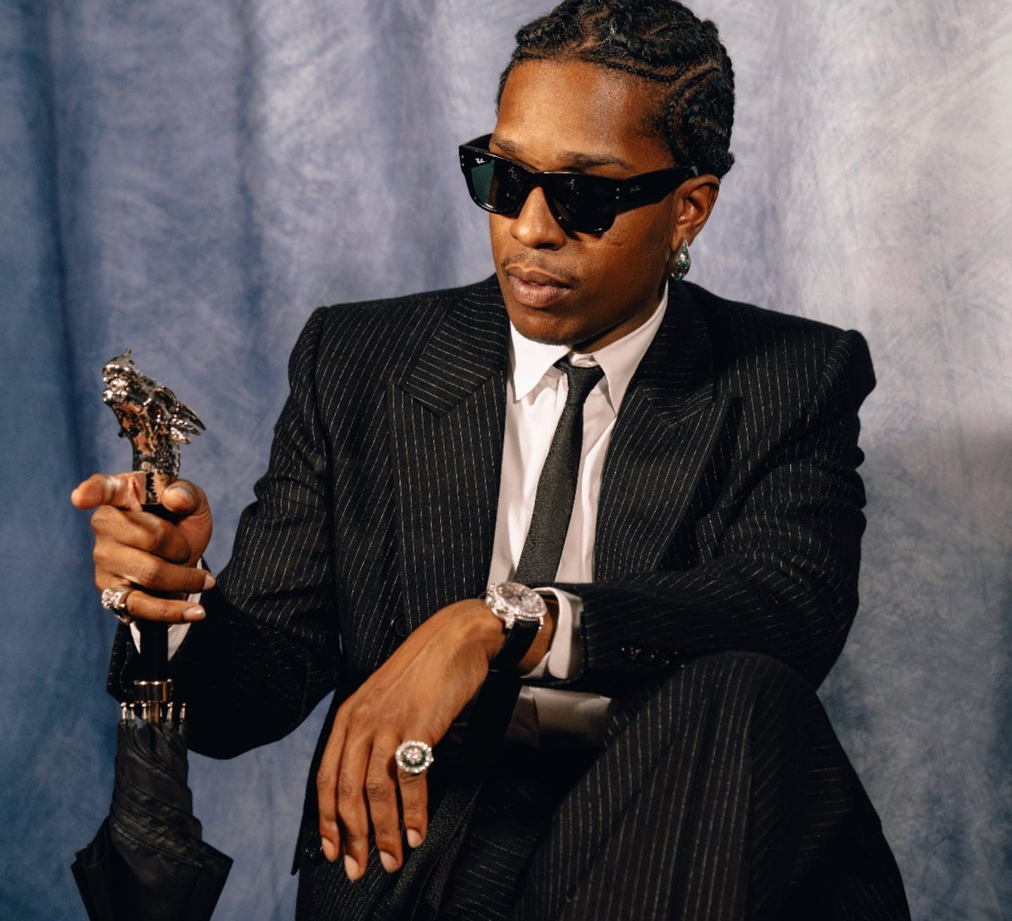 A$AP Rocky wearing "Mega" Ray-Ban Wayfarers.