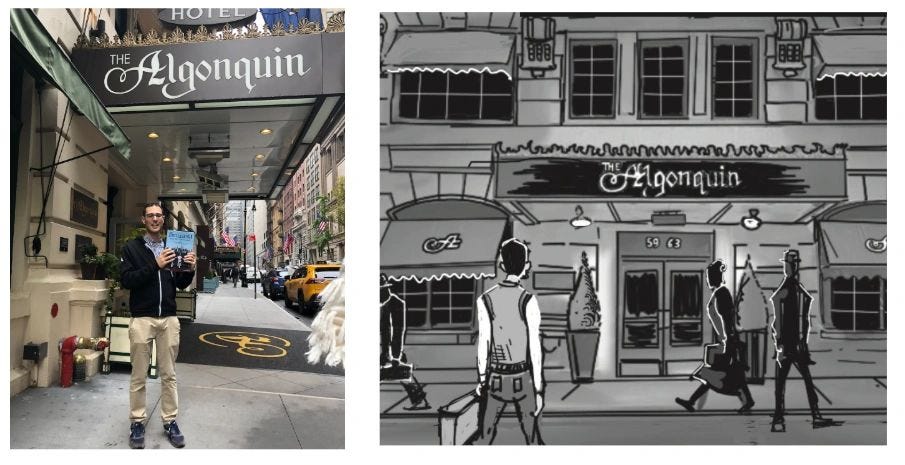 Outside the Hotel Algonquin in Manhattan with The English GI: World War II Graphic Memoir (2022), alongside Brian Bicknell’s reconstruction of my grandfather entering the hotel in 1939, as depicted in the graphic memoir.