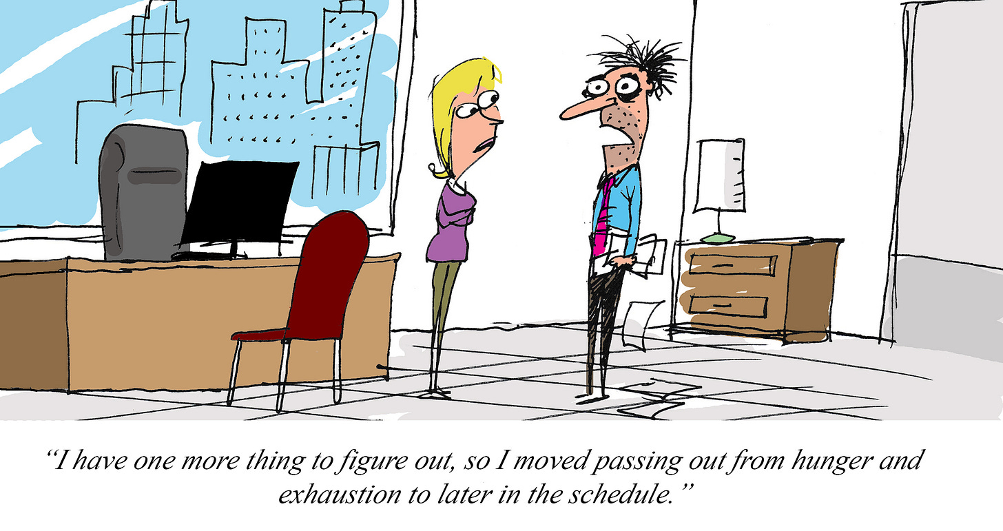 Cartoon of a disheveled INTJ (Architect) office worker speaking to a colleague in an office, with papers on the floor, saying he rescheduled passing out from hunger and exhaustion to later in the day.