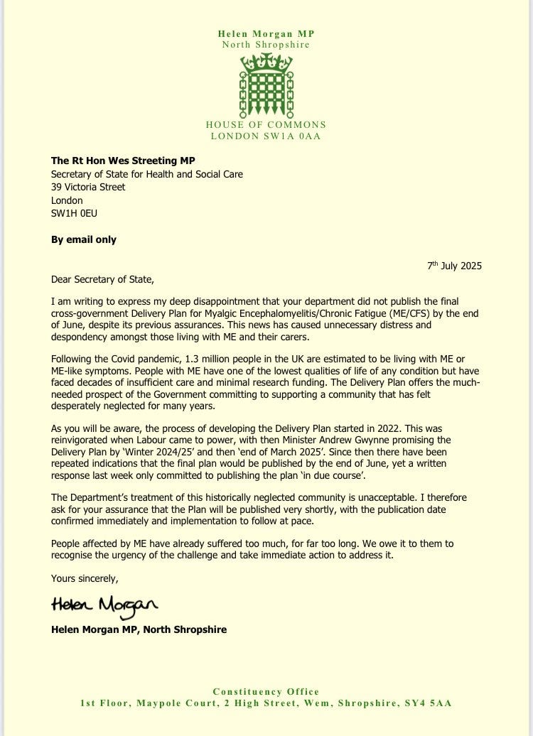 Image shows the letter from Helen Morgan to Wes Streeting.