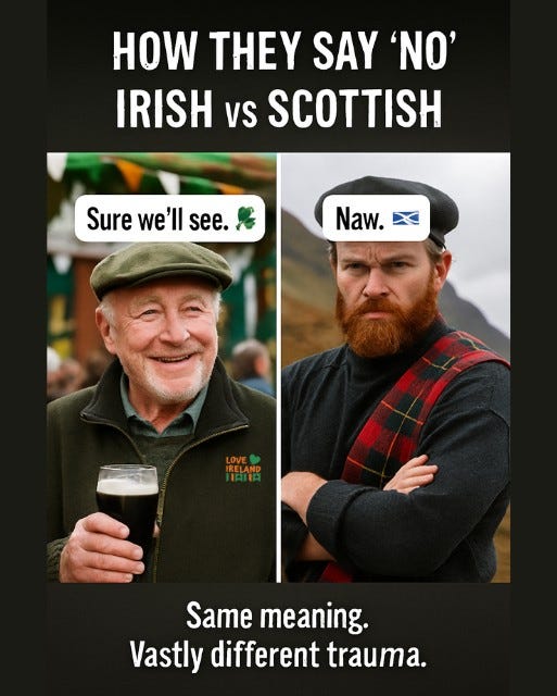 May be an image of 2 people and text that says "HOW THEY SAY "NO' IRISH VS SCOTTISH Sure we'll see. Naw. RELAND Same meaning. Vastly different trauma."