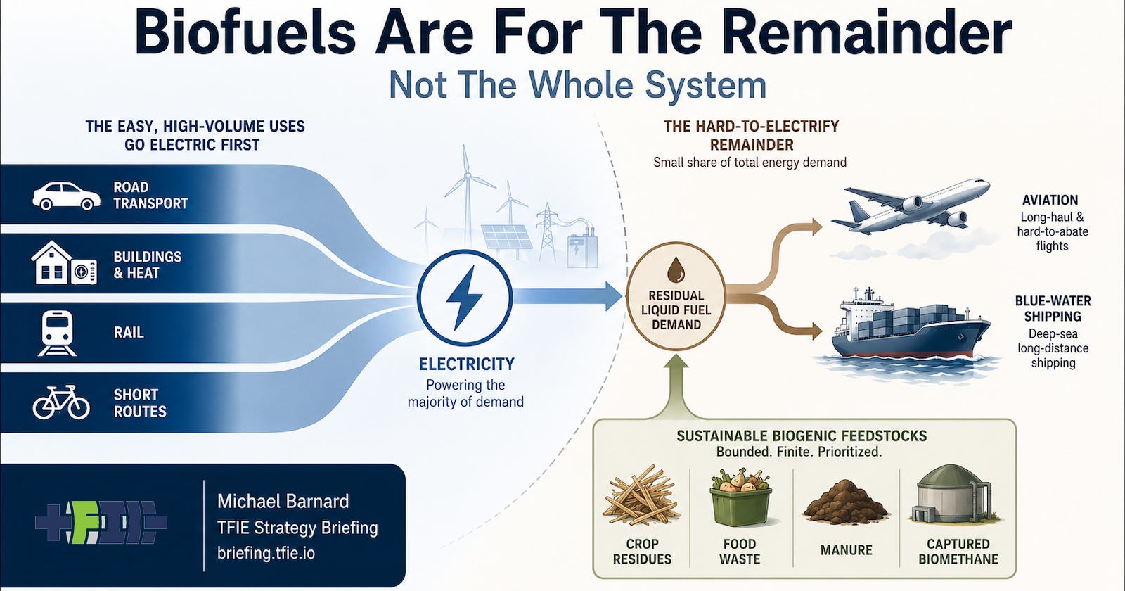 Biofuels pathway graphic showing electrification shrinking demand and residual fuels serving aviation and shipping.