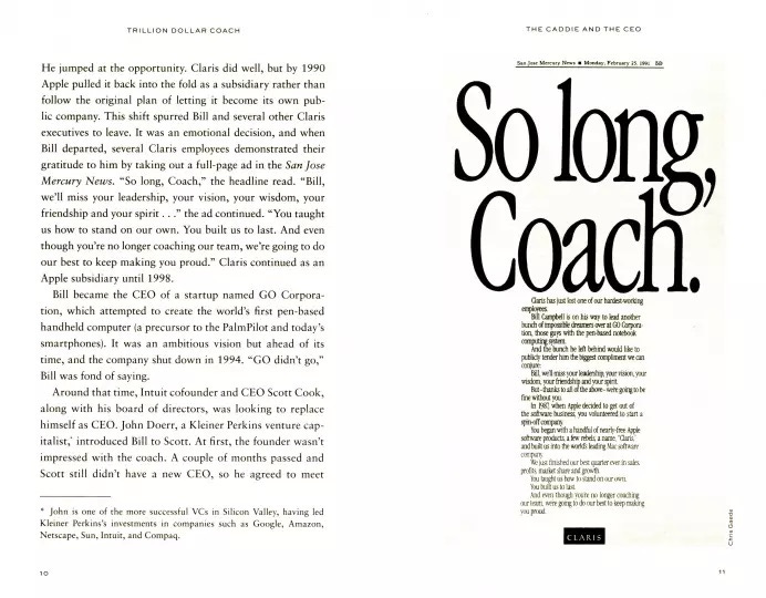 Bill Campbell’s Claris team took out this ad to farewell him, their leader and coach