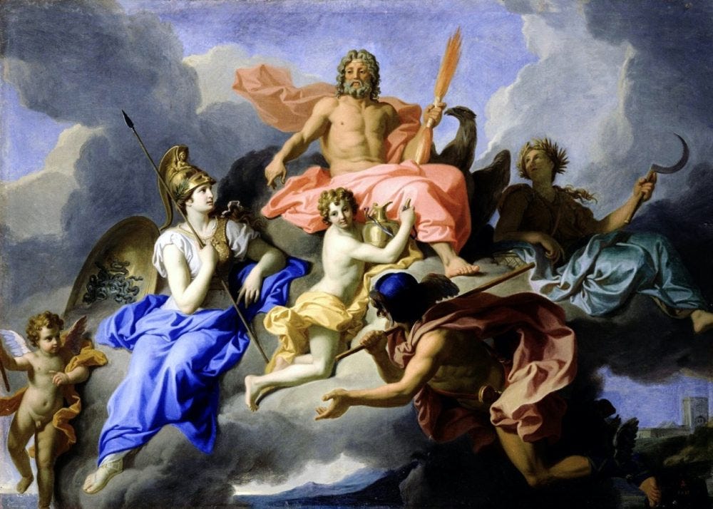 Classical painting of 4 Greek and Roman gods sitting on clouds. They include Zeus, Hera, Athena and Hermes